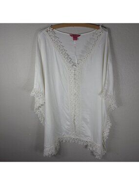 Sunny Leigh White Lace Trim Tunic Top Plus Size 2X Dolman Sleeves V-Neck